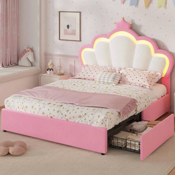 Full Size Bed Frame With 4 Storage Drawers & LED Lights, LED Velvet Upholstered Platform Bed Frame With Adjustable Princess Crown Headboard, No Box Spring Needed