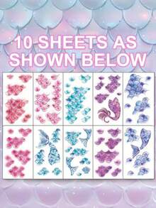 10张彩色鱼鳞临时纹身贴纸，逼真贝壳设计，美人鱼主题派对用品，沙滩派对，角色扮演化妆假纹身