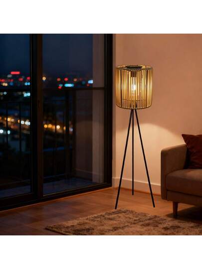 1pc made Rattan Vertical Solar Lamp, Metal Tripod Lantern, Rustic Vloer le Outdoor As Family Friends, Perfect Choice Souvenirs, Adding Natural Warm Atmosphere To Indoor/Outdoor Spaces, Versatile Camping, Garden, Patio, Pathway ation view 5