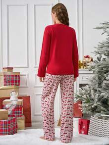 PINK COLOR HEART PATTERNED COTTON FABRIC WOMEN'S PAJAMAS SET - Red - View 2
