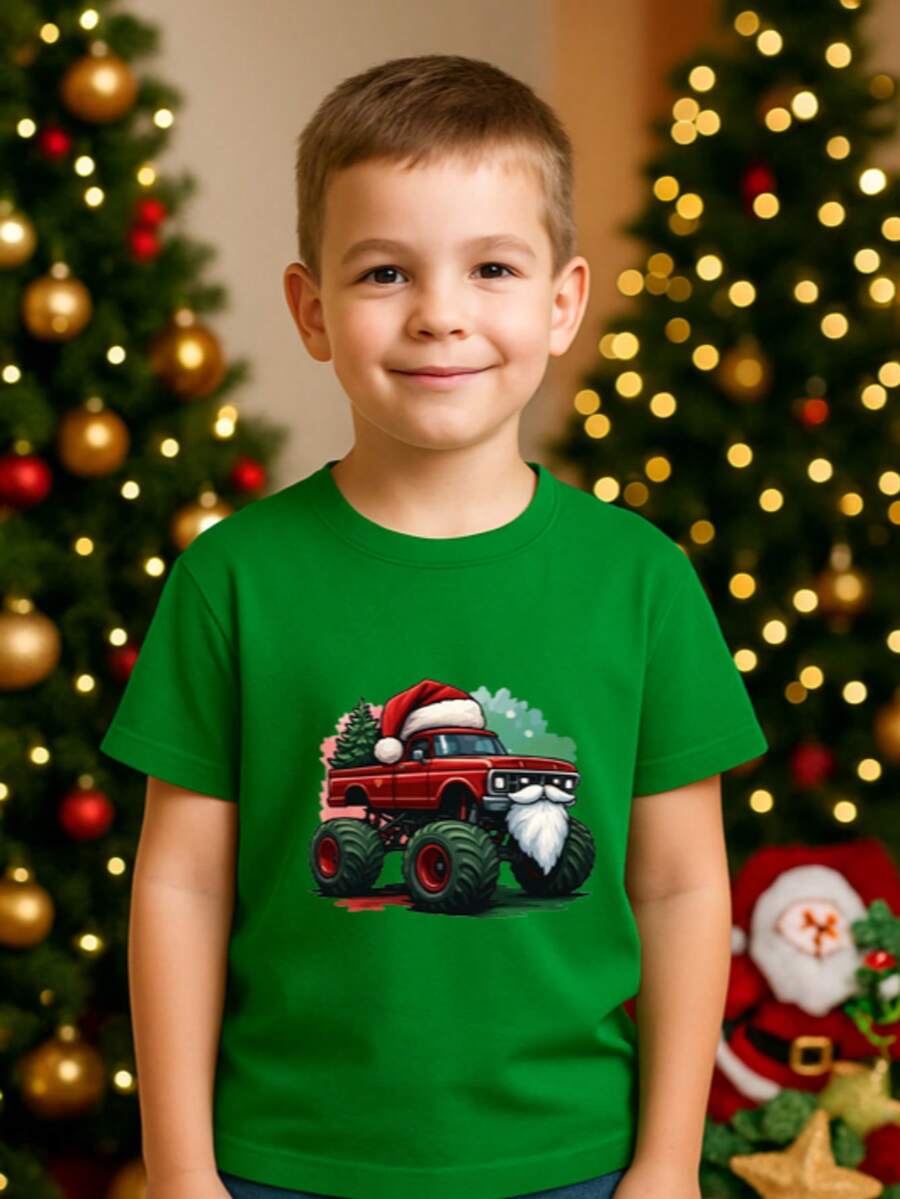 Camiseta para niños de 3 a 12 años de 100% algodón manga corta y cuello redondo, suave y comoda con diseño de Santa Monster Ride: Aventuras Navideñas en 4 Ruedas - Verde - Ver 1