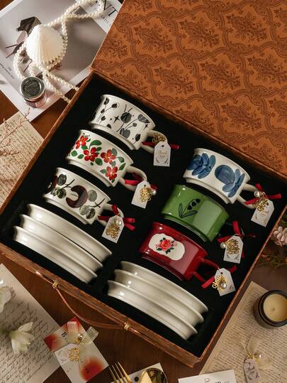 DearDali 复古手绘陶瓷咖啡杯碟套装，创意花卉图案马克杯，适用于咖啡馆、拿铁、卡布奇诺、摩卡、热巧克力，是办公室水杯的理想选择，是咖啡爱好者的礼物，是乔迁结婚礼物（1 套，250 毫升）