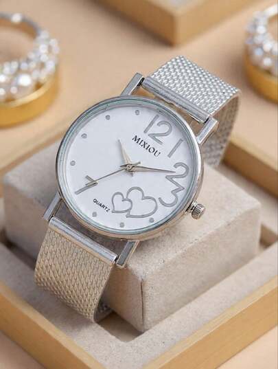 Reloj acabado tipo cuarzo redondo con correa de PVC negra ajustable para mujer, elegante reloj color plata con detalles de corazon, correa plateada