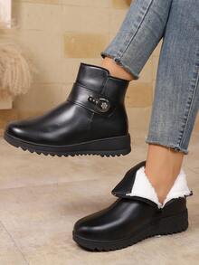 秋冬季保暖内衬踝靴，防滑妈妈鞋平底中跟短筒保暖黑色靴子 - 黑色 - 查看 3