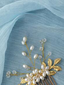 Handmade Delicate Gold Leaf Pearl Bridal Hair Comb Wedding Hair Accessories Women For Bachelorette Party Prom Pageant Photo Shoot - Gold - View 6