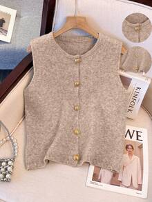 1 Stück minimalistischer einfarbiger weicher und sanfter Metallknopf Dekor Strickweste, vielseitiger Rundhals Modepullover für Frauen, Herbst/Winter