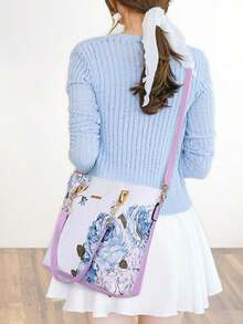 Complete Handbag Set For Women Floral Print Tote Bags PU Leather Top Handle Satchel For Mom - Màu tím - Xem 2