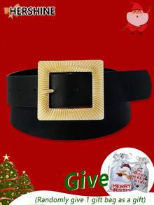 1 条女式纯色 PU 皮带，优雅性感圣诞装饰腰带适合牛仔裤、连衣裙、圣诞圣诞老人服装配饰，适合日常、派对、度假，金色或黑色（礼品袋） - 黑色 - 查看 8