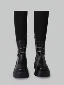 DareSee Giày bốt nữ thời trang thu đông mới, kiểu dáng slip-on, khóa kéo bên hông, đế dày, có thể gập lại, thích hợp cho hoạt động ngoài trời, đi bộ đường dài đến giữa bắp chân, cổ bốt co giãn, khóa kéo trang trí, mũi tròn, đế dày tăng chiều cao 9cm, đế chống thấm nước 4cm, quà tặng lễ hội âm nhạc. - màu đen - Xem 1