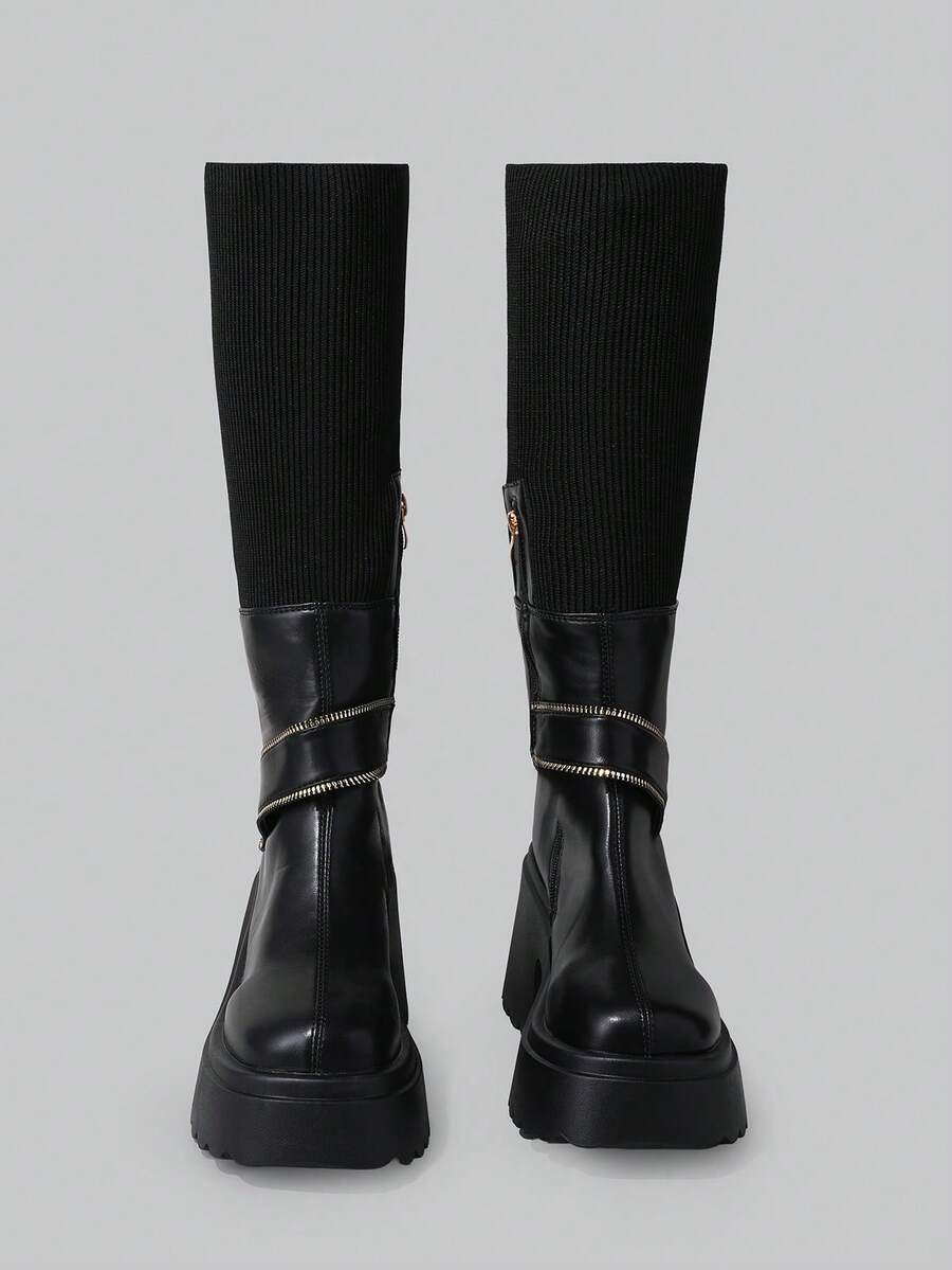 DareSee Giày bốt nữ thời trang thu đông mới, kiểu dáng slip-on, khóa kéo bên hông, đế dày, có thể gập lại, thích hợp cho hoạt động ngoài trời, đi bộ đường dài đến giữa bắp chân, cổ bốt co giãn, khóa kéo trang trí, mũi tròn, đế dày tăng chiều cao 9cm, đế chống thấm nước 4cm, quà tặng lễ hội âm nhạc. - màu đen - Xem 1