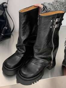 Women's Black Platform Slouchy Boots Round Toe Mid Calf Boots Slouch Fold Over Tall Boots Riding Boots Low Heel Wide Calf Motorcycle Boots - Black - View 5