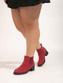 Plus Size Wide Fit Women Chelsea Boots With Side Zipper And Thick Heel, Elegant Solid Color High Heel Women's Fashion Boots With Chunky Heel And Elastic Band - Burgundy - View 5