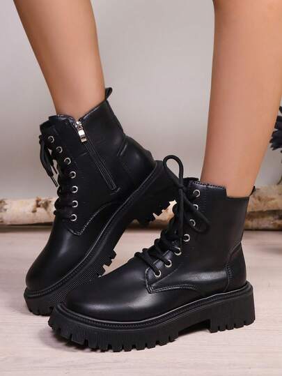 女士厚底拉链系带软底舒适简约短靴，冬季百搭踝靴