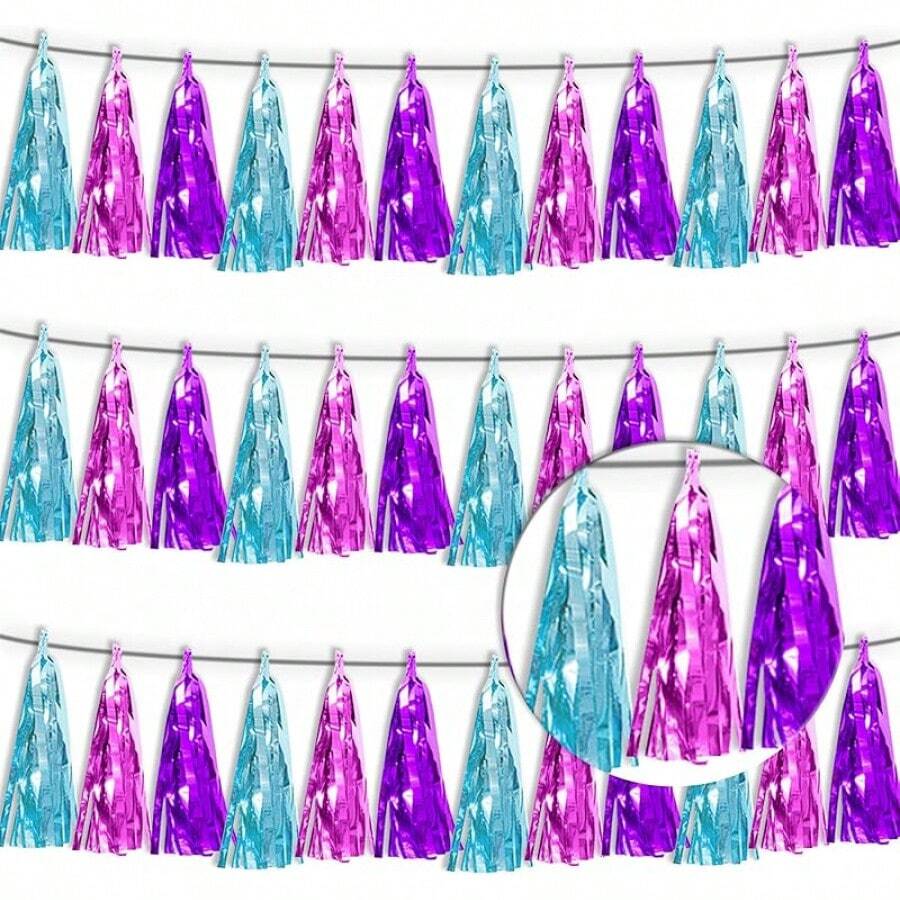 3P Metallic Fringe Tassel Banner Garland Foil Tinsel Streamer Wall Hanging Curtain Backdrop Banner For Parade Floats, Graduation Decorations, Father's Day Party Decoration(Silver)Halloween Christmas New Year - 湖藍紫-桃紅色 - 查看 1
