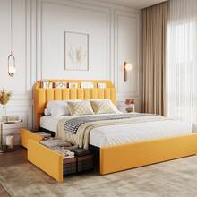 Twin/Twin XL/Full/Queen Size Platform Bed Frame With Storage Headboard & 2 Drawers, Upholstered Cute Platform Bed With Bookcase, Sturdy Wooden Slats Support, No Box Spring Needed, Noise Free - 黃色-滿 - 查看 9