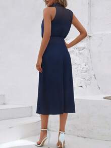 優雅垂褶純色女士連衣裙