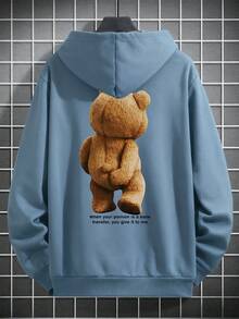 男士秋冬新款休闲创意文字卡通熊印花连帽卫衣 - 淺藍色 - 查看 5
