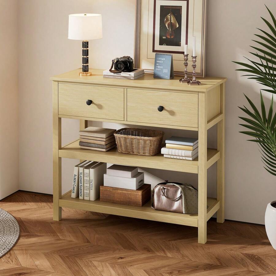 Retro Console Table, Narrow Wooden Console Table, Console Table With Drawers And Open Shelves For Hallway, Entrance And Living Room, Natural - Natural + MDF - View 1