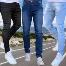Kit 3 Jeans PLUS SIZE Black Medium Light Men's Laicra Slim Basic Casual Premium Direct From The Factory With Elastane - 中等水洗藍 - 查看 2