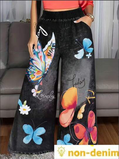 Women's Casual Denim Effect Print Pocket Straight Leg Pants, Suitable For All Seasons, Abstract Watercolor Butterfly Pattern