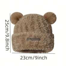 Women Cute Bear Ear Shape Solid Color Ear Protection Warm Knitted Hat, Plaid Windproof Travel Brimless Cap - 紫紅色 - 查看 8