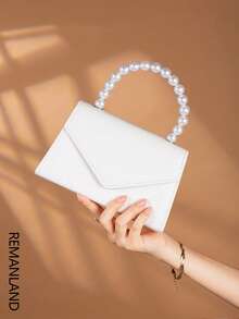 REMANLAND Luxurious Alluring Solid Color Pearl Handle Party Clutch, Exquisite Flap Women's Evening Bag With Detachable Metal Chain Shoulder Strap, Hidden Card Slots Suitable For Party, Ball, Banquet, Gathering, Wedding And Other Occasions - White - View 2