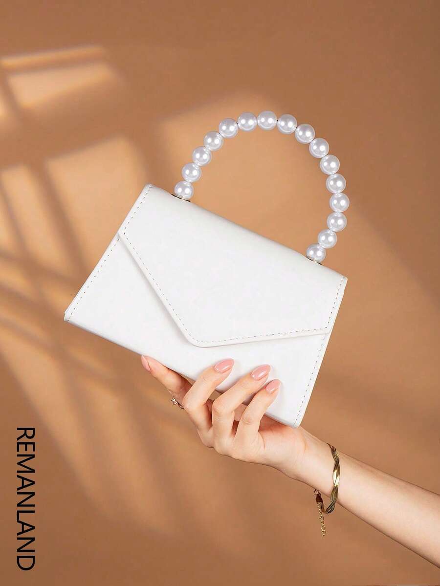 REMANLAND Luxurious Alluring Solid Color Pearl Handle Party Clutch, Exquisite Flap Women's Evening Bag With Detachable Metal Chain Shoulder Strap, Hidden Card Slots Suitable For Party, Ball, Banquet, Gathering, Wedding And Other Occasions