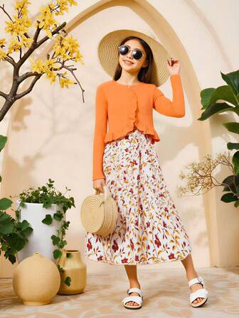 Flickor, 2-delat set med långärmad topp och volangkant + blommig klänning