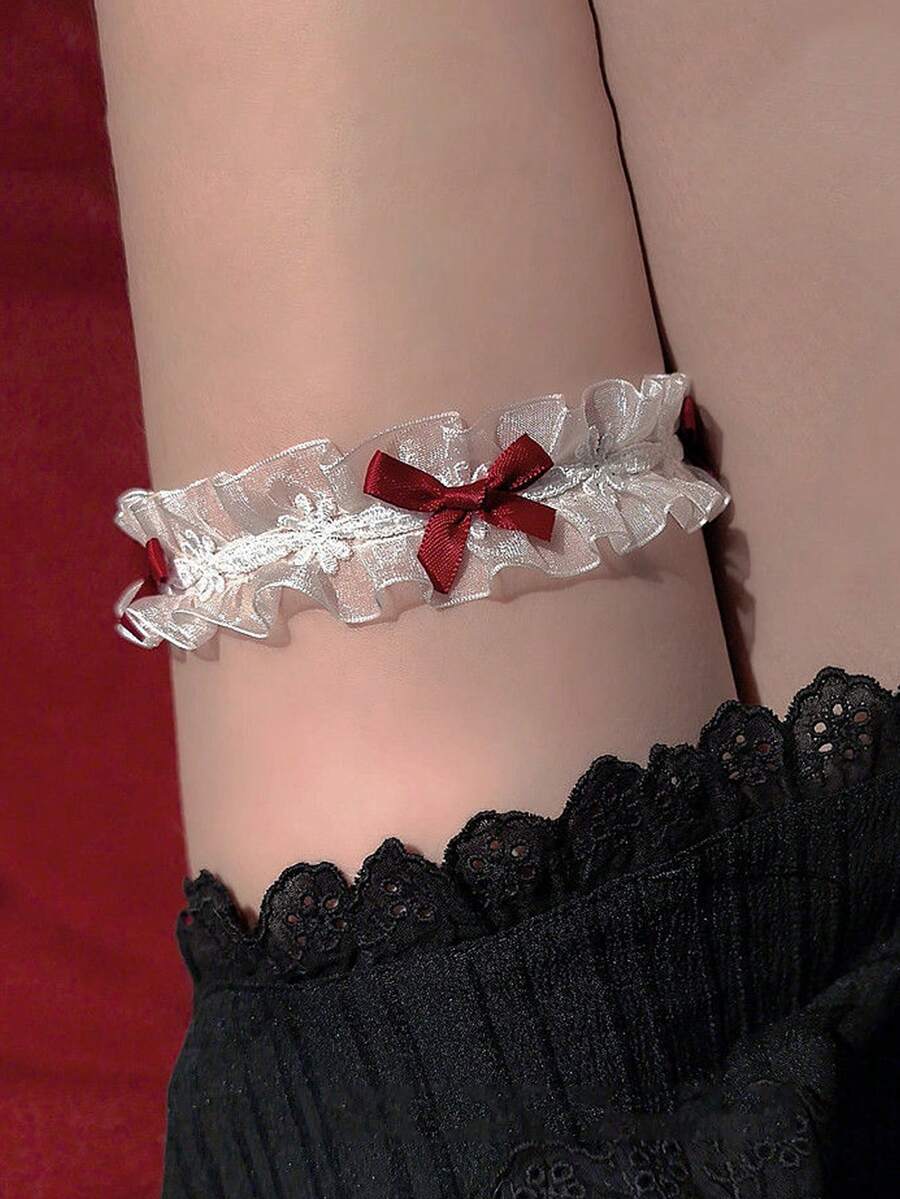 1pc Christmas Bow Lace Snowflake Thigh Garter Cute Girl Leg Decor Performance Accessory Leg Garter - Red and White - View 1