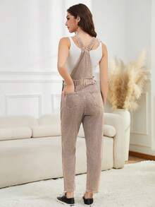 Dark Blue Washed Adjustable Strap Slim Waist Denim Bib Overalls For Women - Khaki - View 3