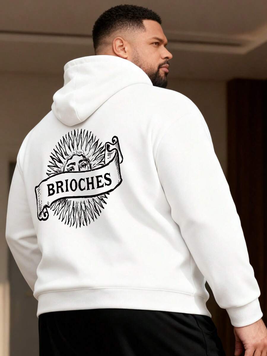 New Plus Size Men's Printed Drawstring Hoodie Sweatshirt, Autumn/Winter - White - View 1