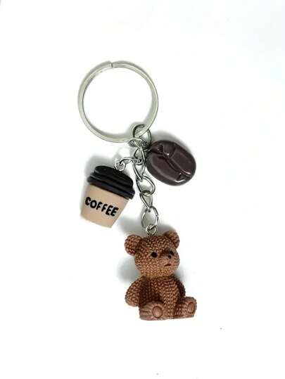 1 ks roztomilý přívěsek na klíče s medvídkem a přívěskem na kávu - hnědý (barva kávových zrn), s kovovým kroužkem - narozeninový dárek, dárek pro milovníky kávy, dárek na večírek, dekorace do tašky a zápisníku - dámský módní doplněk, zábavný design, odolný kovový kroužek