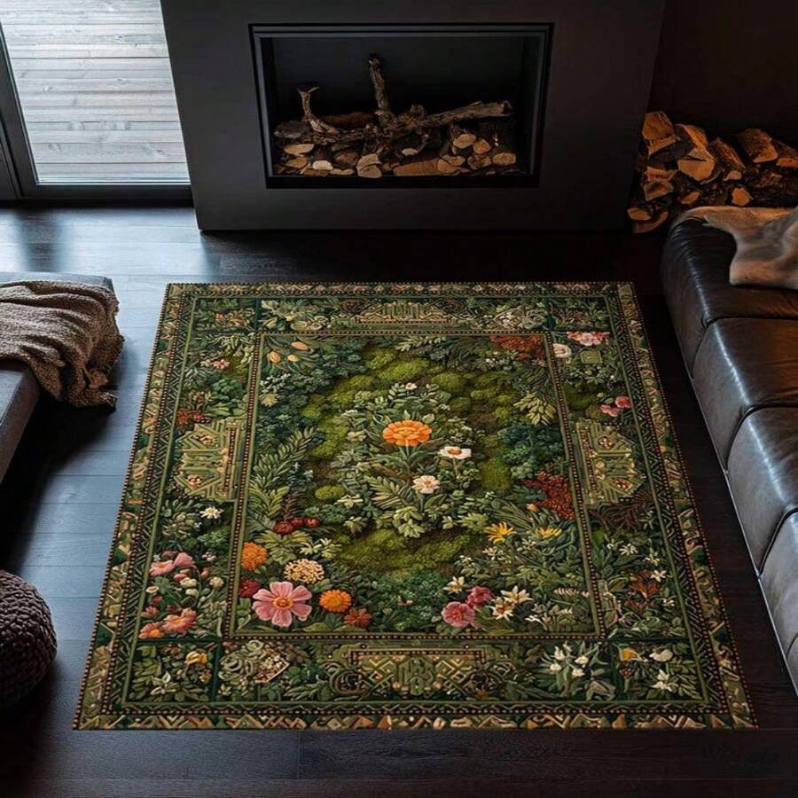Cottagecore Moss Rug, Wildflower Botanical Rug, Green Plant Area Rug, Farmhouse Style Carpet, Nature Inspired Washable Rug For Living Room,   Luxury Rug, Rugs For Living Room,84*60inch,Perfect For Christmas And Halloween - 彩色 - 查看 1