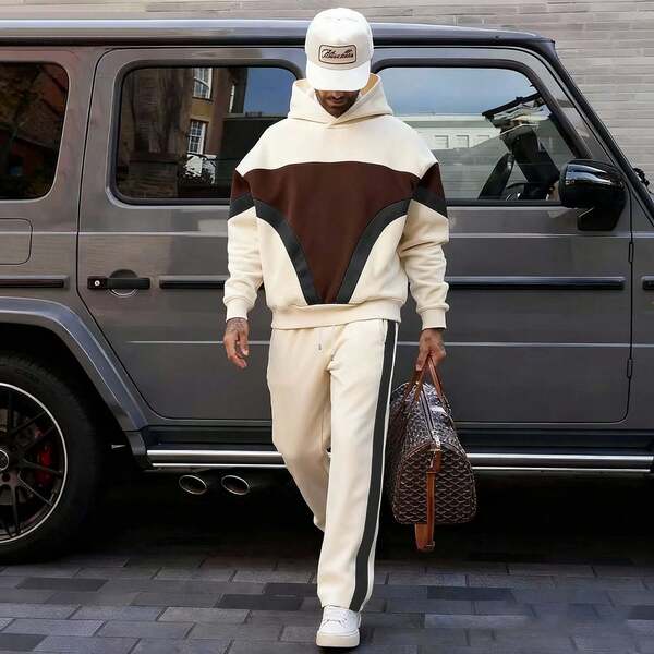 Men's Casual Commuting College Style Color Block Hoodie And Drawstring Waist Sweatpants Set