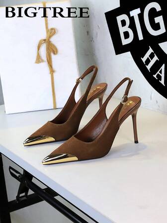 Tacones altos de punta metálica estilo europeo y americano, tacón fino y súper alto con correa de tobillo, zapatos de fiesta para mujer