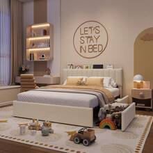 Twin/Twin XL/Full/Queen Size Platform Bed Frame With Storage Headboard & 2 Drawers, Upholstered Cute Platform Bed With Bookcase, Sturdy Wooden Slats Support, No Box Spring Needed, Noise Free - Màu be-đầy đủ - Xem 1