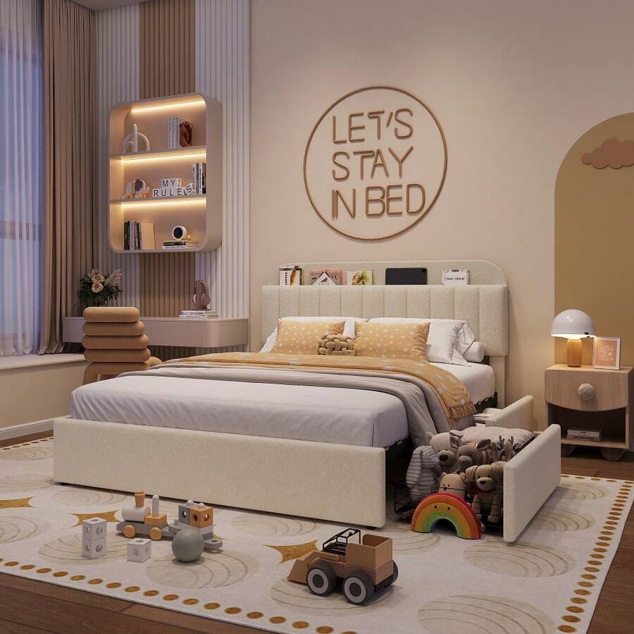 Twin/Twin XL/Full/Queen Size Platform Bed Frame With Storage Headboard & 2 Drawers, Upholstered Cute Platform Bed With Bookcase, Sturdy Wooden Slats Support, No Box Spring Needed, Noise Free - Màu be-đầy đủ - Xem 1