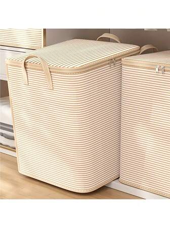 大容量手柄无纺布收纳袋 - 经典条纹设计，适用于衣服、毛毯、玩具 - 多功能衣柜收纳袋，适合居家和旅行，衣物整理，床下收纳