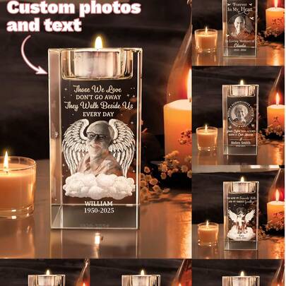 Personalized Memorial Photo Crystal Candle Holder - 7 Styles, 2 Sizes, Customizable Engraved Crystal, Memorial Gift, Laser Engraved Glass, Express Condolences And Mourning, Cherished Memento | 3D Photo Crystal Candle Holder, Deeply Commemorate - Gift To Remember The Departed - Personalized Laser Engraved 3D Candle Holder, In Memory Of Loved Ones, Parents, Pets, Cats And Dogs, Memorial Gift, Christmas Gift, Keepsake,Home Decor Living Room