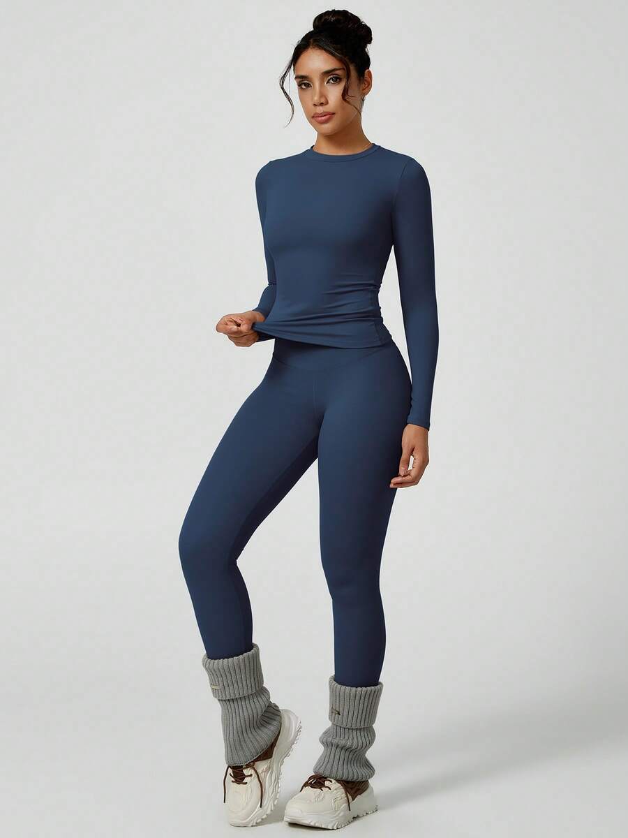 NcmRyu 1 Bộ đồ thể thao nữ co giãn ôm sát, màu trơn, kiểu dáng tối giản, cổ tròn, gợi cảm, thích hợp cho tập thể dục, yoga, hoạt động thể thao mùa xuân