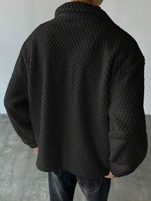 DIYIE 1件裝男士單排口袋休閒抓絨夾克，灰色秋冬外套，1件裝男士寬鬆版型紋理舒適居家夾克，男士提花長袖夾克，尺碼偏大，寬鬆版型夾克 - 黑色 - 查看 3