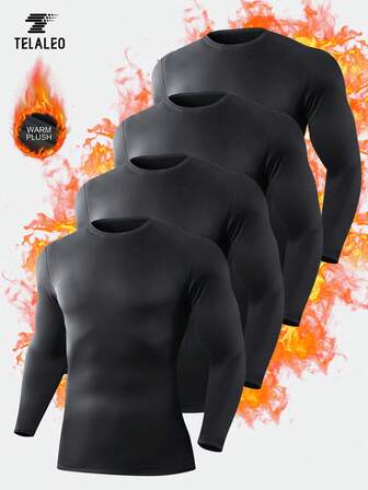 TELALEO 4 pezzi Magliette da compressione da uomo, con fodera in pile, maniche lunghe, strato base atletico per climi freddi, top da allenamento