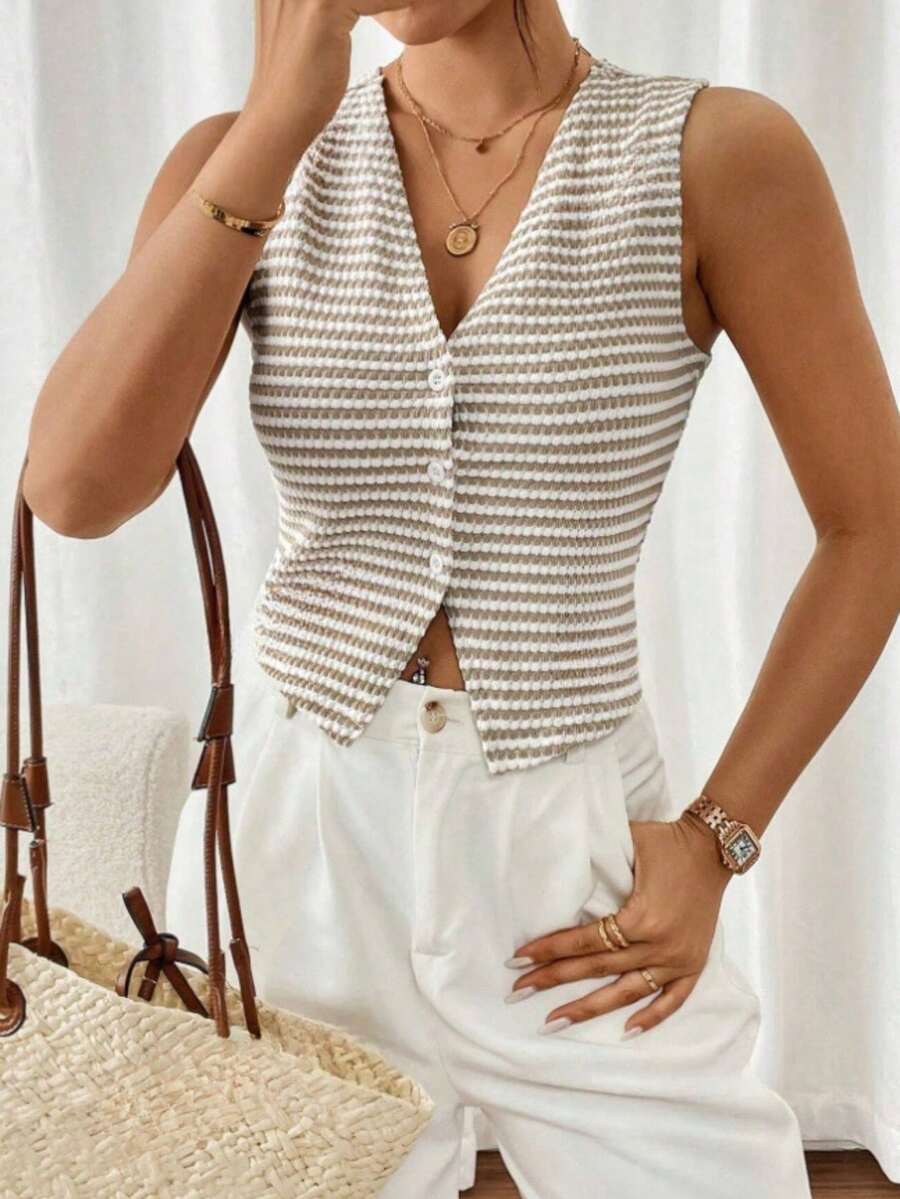 1 Stück Damen Herbst/Winter Ärmellose Weste mit V-Ausschnitt und Knopfleiste, gestreift