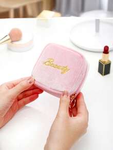 1pc New Mini Cosmetic Pouch, Lipstick Bag, Plush Velvet Makeup Bag With Golden-Tone Zipper And Keychain, Compact Travel Organizer For Lipstick, Earphones, Jewelry, Small Makeup Bag, Coin Purse