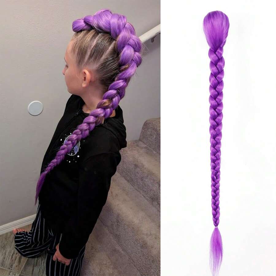 26 Inch Purple Braided Synthetic Hair Extension, Clip-On Ponytail Wig, Suitable For Cosplay, Halloween Costumes - Purple - View 1