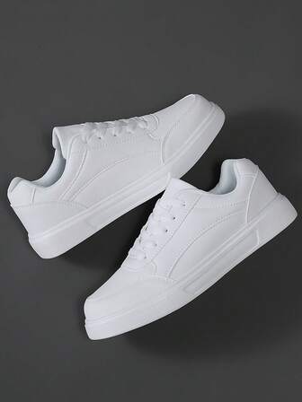 White PU Leather Low-Top Men's Sneakers, Round Toe Lace-Up Flat Soft Sole Casual Athletic Shoes For Men, Spring/Autumn