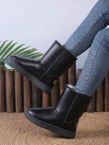 Western Style Thick Fleece Snow Boots For Women, Christmas Home Thick Sole Anti-Slip Boots, Brown, Black, Gray, Mid-Calf, Tall Snow Boots, Outdoor Thick Warm Boots, Casual Anti-Slip Snow Boots, Guiding Boots, Flat Furry Shoes, Comfortable Women Shoes - Black - View 5
