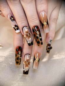 10pcs Glossy Y2K French Style Nail Stickers, Pink Nails, Red Nails, Light Blue Nails, Shiny Brown Nails, 3D Handmade Starfish & Shell Decor, 3D Hand-Painted Water Wave, Cherry, 3D Colorful Carved Flower Rectangle Acrylic Nails, Perfect For Bikini Beach Matching. - 摩卡棕 - 查看 2