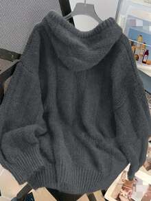 Solid Color Casual Minimalist Drawstring Hooded Pullover Sweater - Dark Grey - View 3