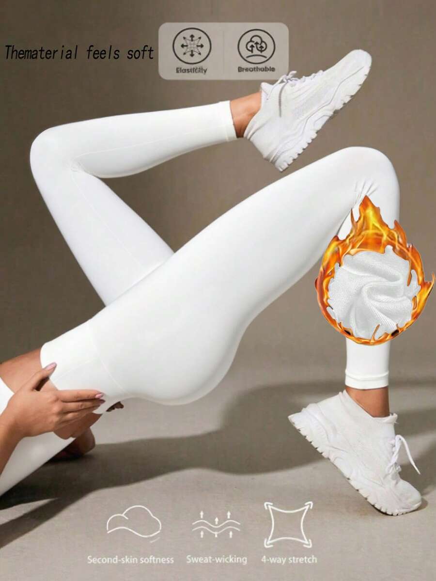 Lynfun Women's Thermal Lined Leggings, Thick Solid Color Skinny Pants, High Waist Workout Pants For Autumn/Winter, Soft Yoga Tights - White - View 1